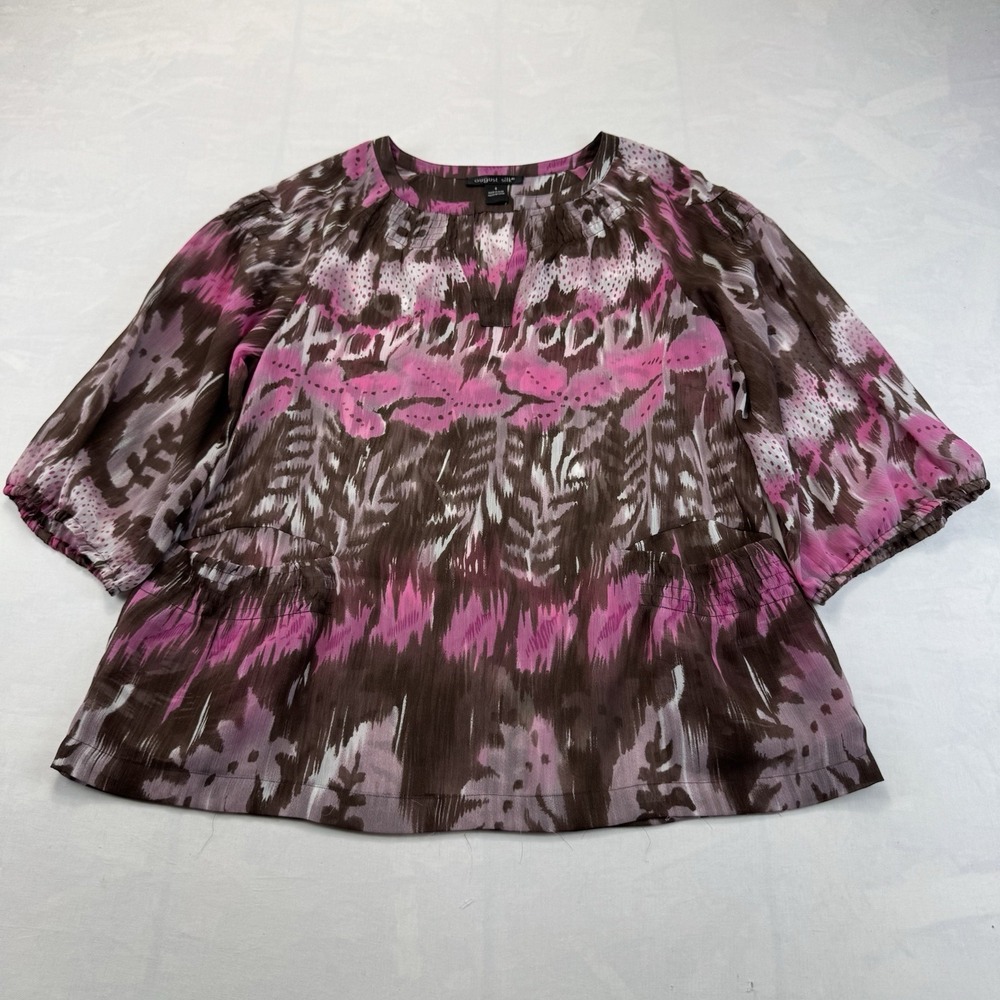 August Silk Women's Pink Brown Abstract Print Sheer 3/4 Sleeve Blouse Top